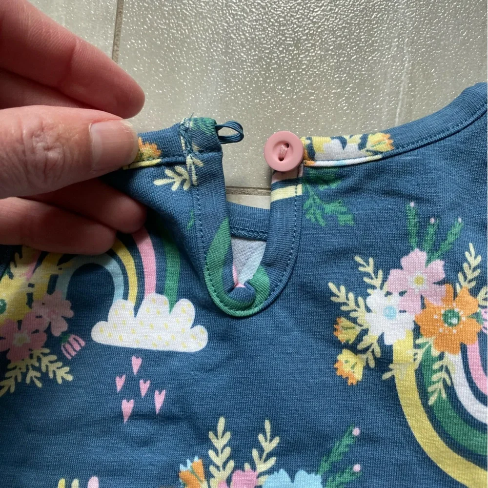 NWT RuffleButts Dark Blue & Pink Floral Rainbows Ruffles Bubble Romper, 0-3M